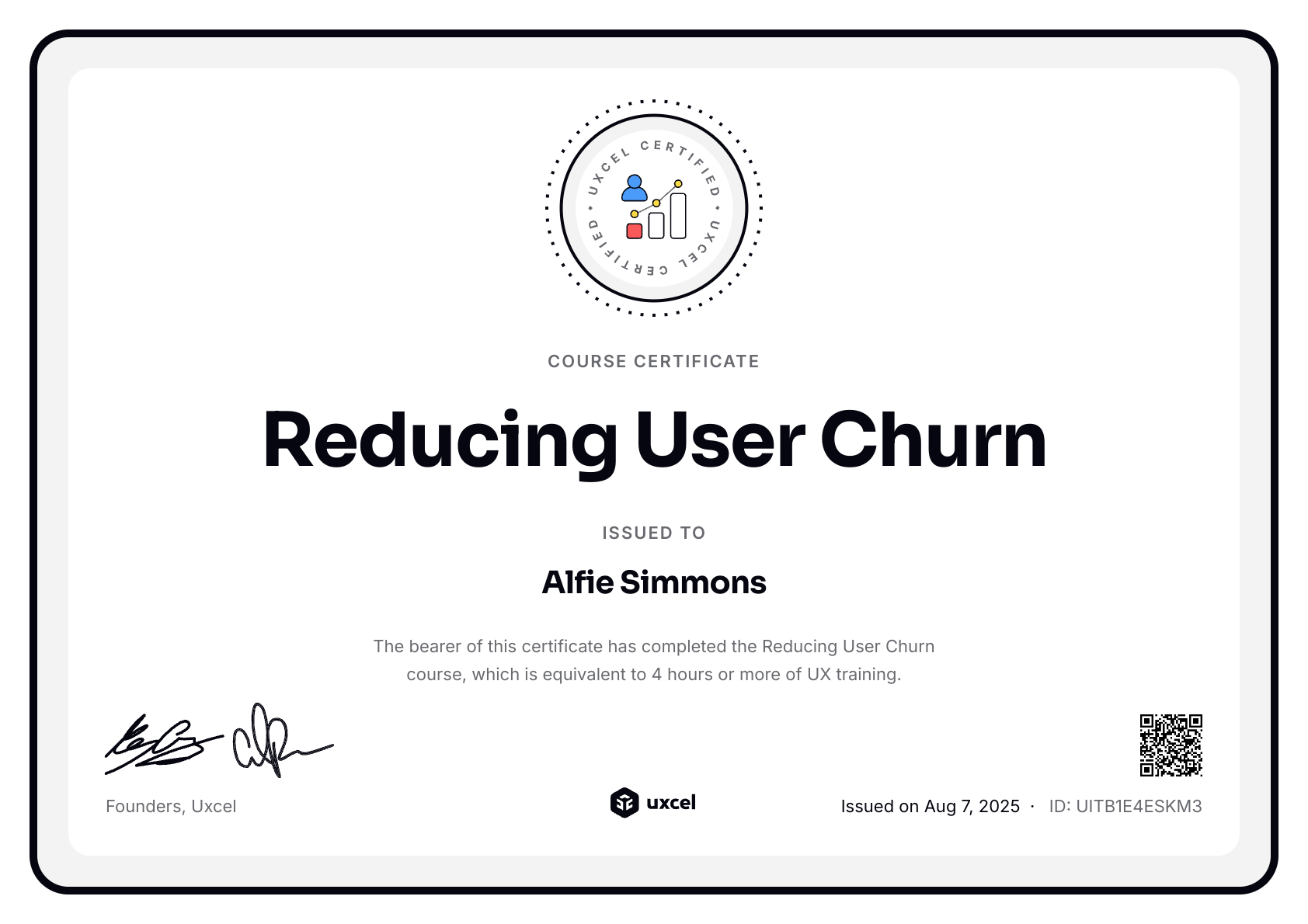Alfie Simmons's certificate